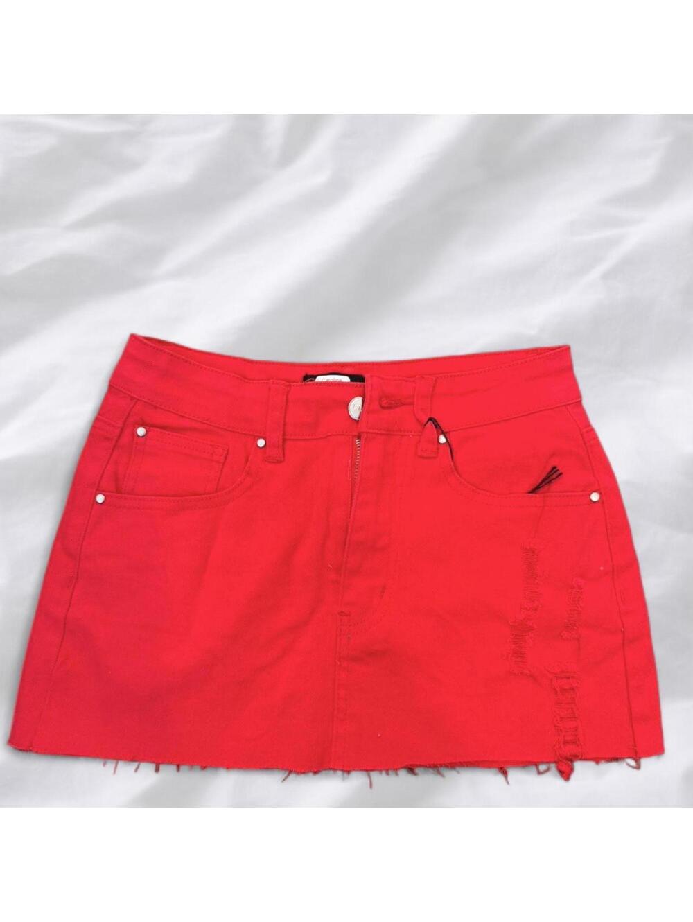 Bright red mini skirt from PrettyLittleThing